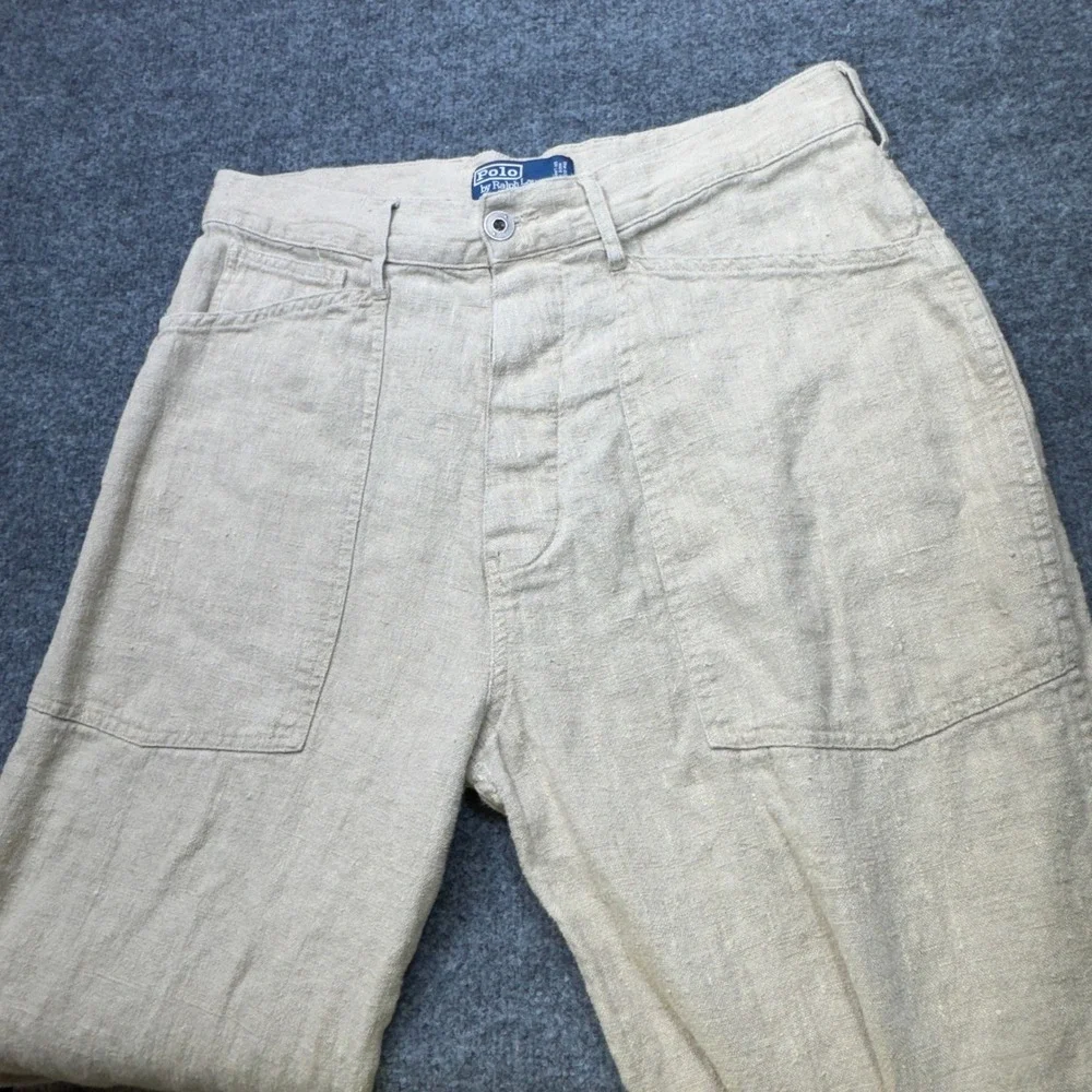 Vintage Polo Ralph Lauren Linen Buckle Back Pants Mens 34 Beige Wide Leg Deck